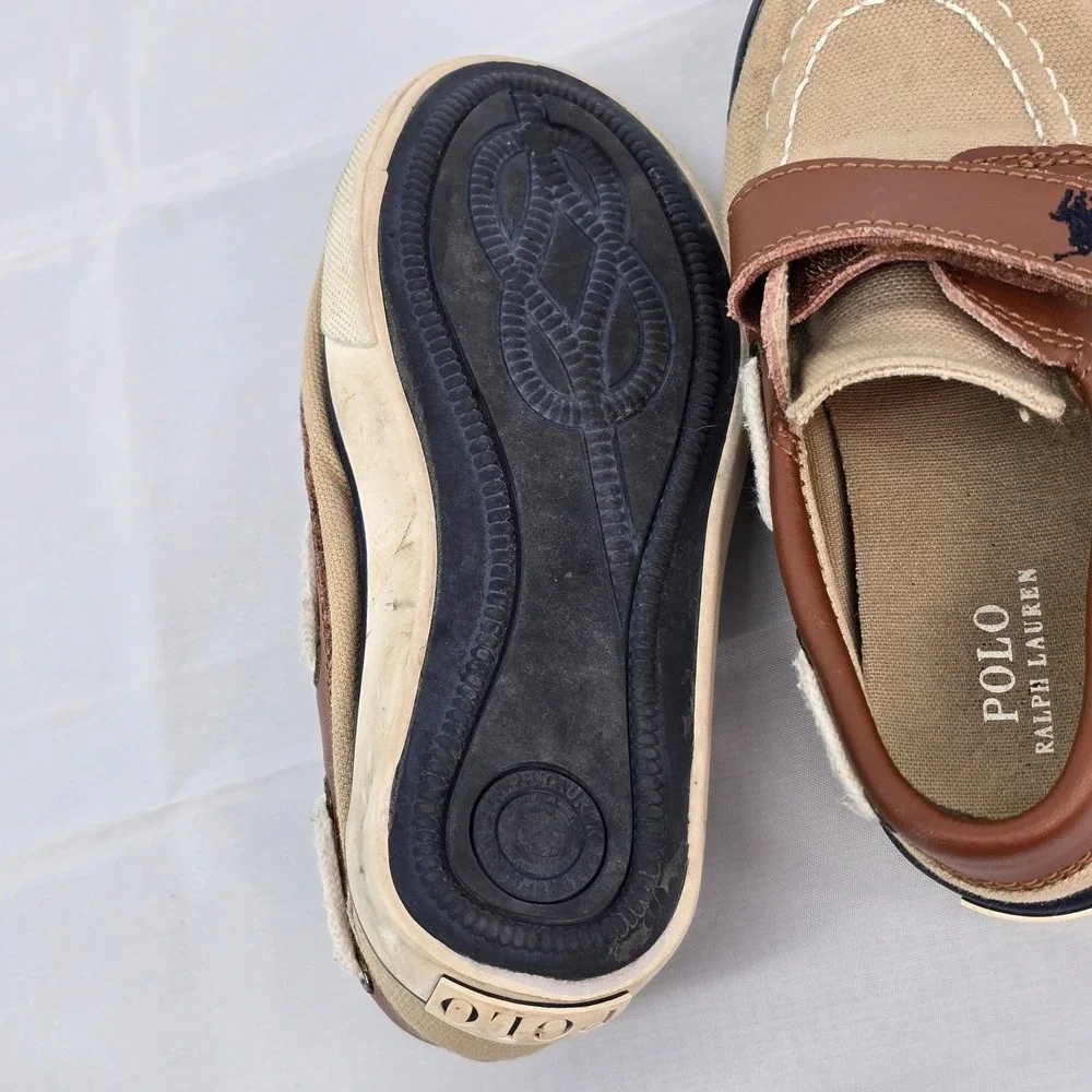 Polo Ralph‎ Lauren Lander EZ Toddler Boat Shoes Tan Canvas Brown Leather Size 9